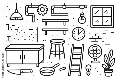 Industrial Kitchen Doodle. Hand-drawn doodle illustration [Industrial kitchen elements] [metal countertop, pendant light, pipes, gear, stool, shelves, clock,