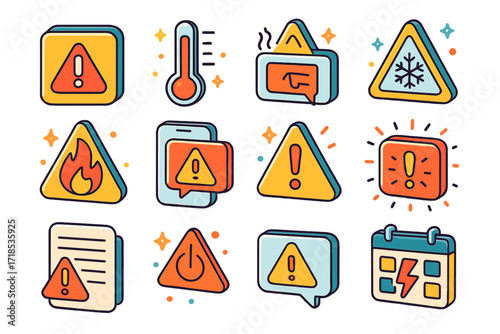 Emergency Alert Icons. Colorful isometric vector icons set of emergency temperature alerts: app warning icon, red thermometer spike, overheating symbol, frost