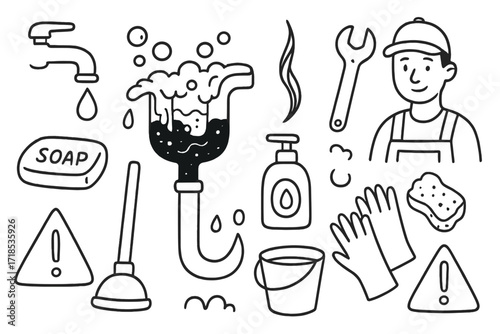 Clogged Sink Doodle. Hand-drawn doodle illustration clogged sink trap blocked pipe, water overflow, bubbles, hair strand, wrench, plunger, soap, bottle,