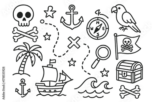 Pirate Treasure Map Icons. Hand-drawn doodle illustration Pirate navigation treasure map, skull, anchor, compass, dotted path, X mark, ship, parrot, palm tree,