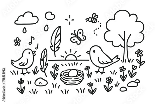 Birds at Dawn. Hand-drawn doodle illustration Birds at dawn in grasslands bird, feather, nest, egg, sun, tree, grass, wildflowers, butterfly, bee, cloud,
