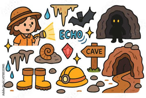 Children Exploring Cave Adventure. Colorful Hand-drawn doodle Children illustration Exploring a Cave flashlight, bat, stalactite, rock, dripping water, fossil,