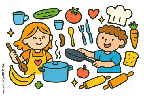 Kids Cooking Fun. Colorful Hand-drawn doodle Children illustration Cooking Together pot, pan, rolling pin, vegetables, bread, fruit, spoon, fork, knife, apron,
