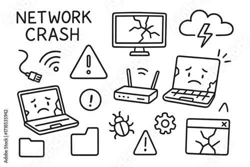 Network Crash Icons. Hand-drawn doodle illustration Network crash monitor, broken laptop, cable, wifi symbol, router, warning triangle, sad face