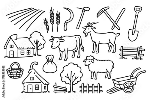 Farming Tools Doodle. Hand-drawn doodle illustration farming peasantry plowed field, wheat, sickle, hoe, plow, shovel, cow, goat, sheep, basket, sack, cottage,