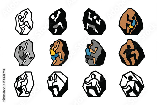Rock Climber Logos. Set Logo of Rock Climber: Climber bouldering on rock. Logo set in vector style, emblematic variations. line, bold thick line, solid black
