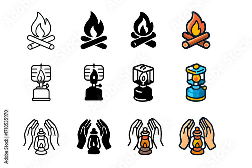Outdoor Warmth Icons. Icon Set of Outdoor Warmth: Bonfire, Camping heater, Hands near lantern. Icons set in vector style, emblematic variations. Bonfire line,