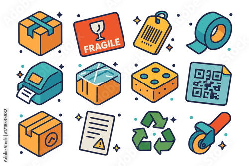 Packaging Icons Collection. Colorful isometric vector icons set of packaging and labeling: taped box, fragile sticker, barcoded tag, packaging tape roll, label