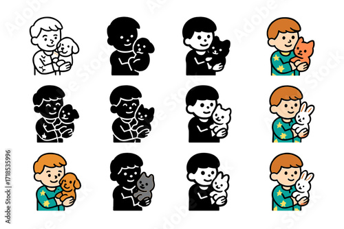 Pajama Fun Icons. Icon Set of Pajama Fun with Pets: Kid with puppy in pajamas, Kid with kitten in pajamas, Kid with bunny in pajamas. Icons set in vector