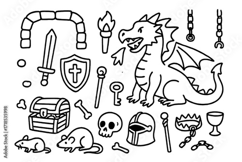 Dungeon Adventure Icons. Hand-drawn doodle illustration fantasy dungeon dragon, sword, shield, treasure chest, helmet, magic staff, skull, bones, torch,
