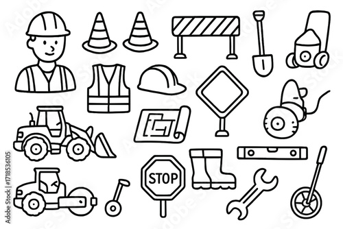 Construction Tools Doodle. Hand-drawn doodle illustration Road construction team traffic cones, barrier, shovel, wheel loader, high-vis vest, hard hat, road
