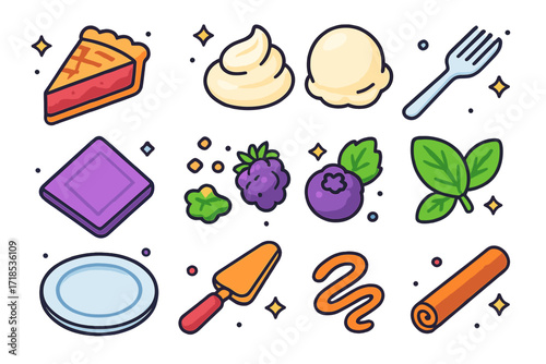 Dessert Delight Icons. Colorful isometric vector icons set of Dessert Plate Elements: pie slice, dollop of whipped cream, scoop of vanilla ice cream, fork,