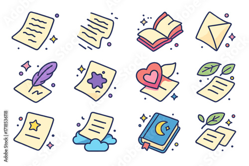 Dreamy Paper Icons. Colorful isometric vector icons set of poetic and dreamy papers: handwritten letter floating, poetry lines drifting, open poetry book,