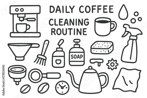 Coffee Cleaning Essentials. Hand-drawn doodle illustration Daily coffee cleaning routine espresso machine, mug, water droplet, bubbles, sponge, brush, soap