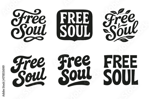 Free Soul Designs. Free Soul. Set lettering. harmonious lettering variations of the same emblematic concept (Whimsical curly type with flourishes, Retro