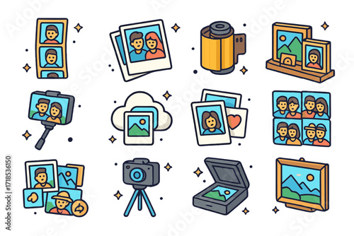 Colorful Photo Icon Grid. Colorful isometric vector icons set of cherished photo moments: photo booth strip, polaroid photo set, vintage film roll, picture