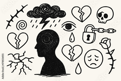 Heavy Mind Doodle. Hand-drawn doodle illustration Heavy mind shadow [person silhouette, shadow, storm swirl, cracked ground, broken heart, crying eye, skull,