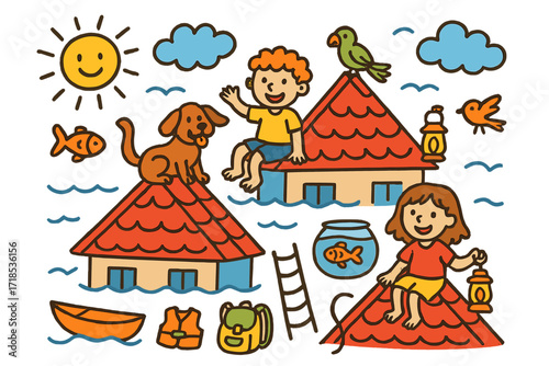Children's Rooftop Adventure. Colorful Hand-drawn doodle Children illustration Stranded with Pets rooftops, dog, cat, parrot, goldfish bowl, children smiling,