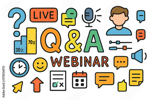 Children's Webinar Icons. Colorful Hand-drawn doodle Children illustration Live Q&A webinar screen, question mark, chat bubble, microphone, moderator avatar,