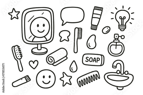 Bathroom Essentials Doodle. Hand-drawn doodle illustration paragliding adventure paraglider, parachute, helmet, harness, mountain, sun, cloud, bird, wind