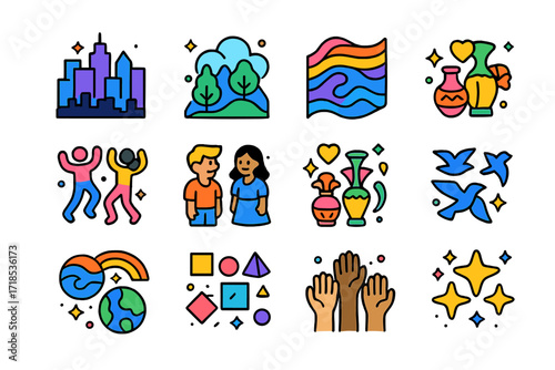 Colorful Urban Icon Set. Colorful isometric vector icons set of urban mural themes and elements: city skyline silhouette, nature blend background, abstract