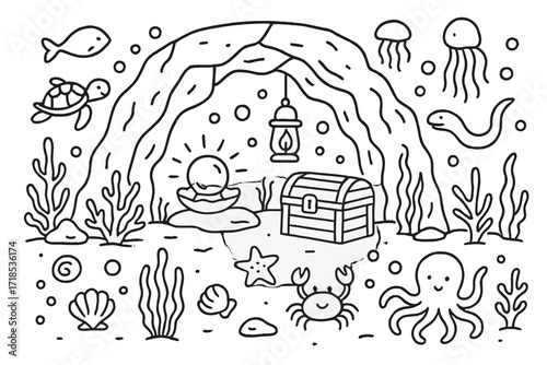 Magical Underwater Caves. Hand-drawn doodle illustration magical underwater caves cave arch, glowing pearl, treasure chest, coral, seaweed, fish, turtle,
