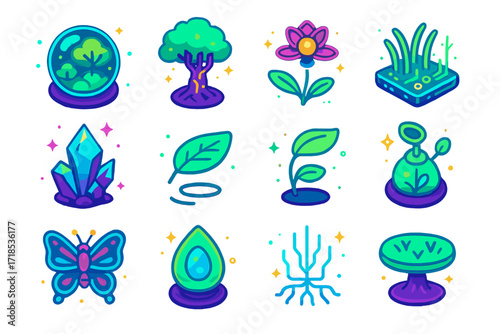 Sci-Fi Nature Icons. Colorful isometric vector icons set of sci-fi neon nature hybrids: glowing biome orb, cybernetic tree, radiant flower drone, neon grass