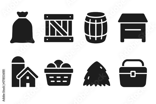 Landowner Storage Icons. Solid, filled icon set of landowner storage: grain sack, crate, barrel, storage bin, silo, basket, haystack, cooler. Solid, filled