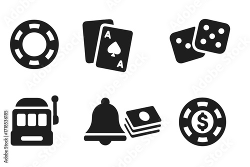 Gambling Icon Set. Solid, filled icon set of gambling and fortune: poker chips, playing cards, roulette wheel, dice, slot machine, jackpot bell, money stack,