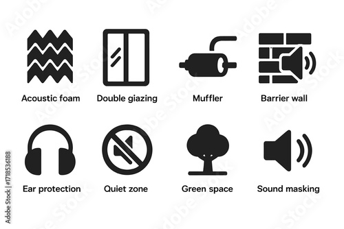 Noise Reduction Icons. Solid, filled icon set of noise reduction methods: acoustic foam, double glazing, muffler, barrier wall, ear protection, quiet zone,