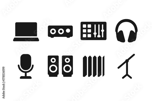Home Studio Essentials. Solid, filled icon set of home studio setup: laptop, audio interface, MIDI controller, headphones, condenser mic, studio monitors,