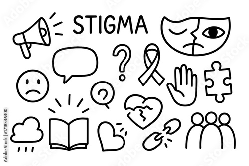 Stigma Awareness Symbols. Hand-drawn doodle illustration stigma and awareness megaphone, broken mask, open eye, awareness ribbon, puzzle piece, frown face,