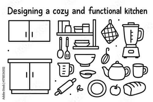 Cozy Kitchen Doodle. Hand-drawn doodle illustration Designing a cozy and functional kitchen Cabinet, Shelf, Kitchen towel, Ladle, Spatula, Rolling pin,