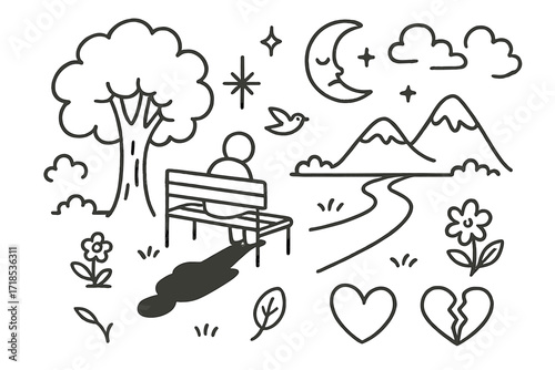 Lonely Night Doodle. Hand-drawn doodle illustration Loneliness in nature [tree, bench, lone figure, moon, star, cloud, sparkle, path, flower, leaf, shadow,
