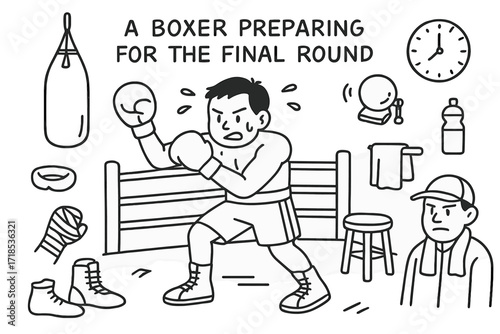 Boxer Ready to Fight. Hand-drawn doodle illustration A Boxer Preparing for the Final Round [boxing gloves, boxer stance, punching bag, ring ropes, stool,