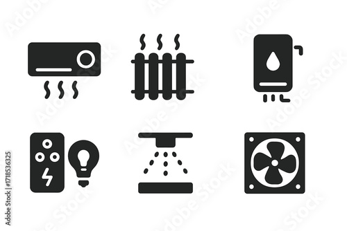 Penthouse Utilities Icons. Solid, filled icon set of penthouse utilities: air conditioner, heating system, water heater, smart thermostat, lighting control,