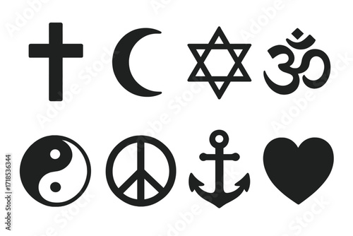 Symbolic Icons Grid. Solid, filled icon set of symbolic and religious signs: cross, crescent, star of David, Om symbol, yin yang, peace sign, anchor, heart.