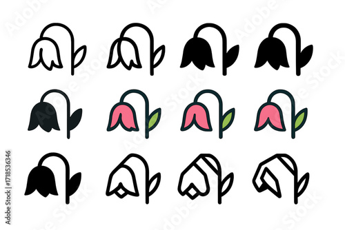 Deep Sigh Logo Variations. Set Logo of Deep Sigh: Drooped flower. Logo set in vector style, emblematic variations. line, bold thick line, solid black filled,