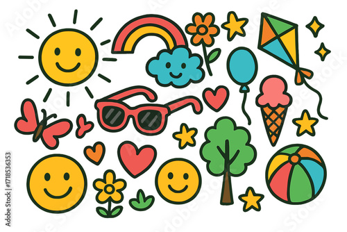 Sunny Kids' Doodle Wonderland. Colorful Hand-drawn doodle Children illustration Sunny Day Sunglasses sunglasses, sun, rainbow, sparkles, heart, star, flower,
