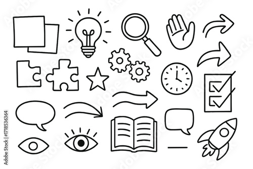Design Thinking Doodles. Hand-drawn doodle illustration design thinking tools sticky notes, light bulb, magnifying glass, hand, puzzle piece, gears, star,