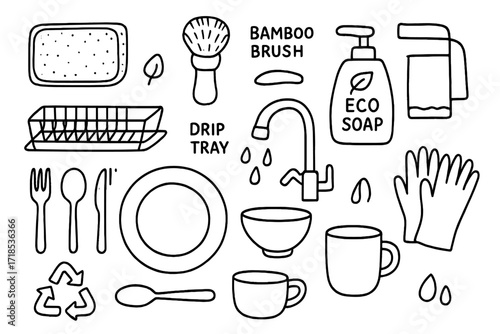 Eco Dishwashing Tools. Hand-drawn doodle illustration Eco-friendly dishwashing [reusable sponge, bamboo brush, eco soap bottle, dish rack, drip tray, faucet,