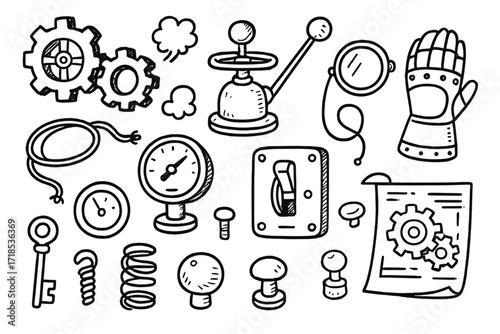 Steampunk Gadget Icons. Hand-drawn doodle illustration Steampunk gadgets [gear, cogwheel, steam valve, lever, pressure gauge, metallic glove, monocle, wire,