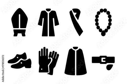 Ceremonial Attire Icons. Solid, filled icon set of ceremonial attire: headdress, robe, sash, bead necklace, ceremonial shoes, gloves, cloak, belt. Solid,