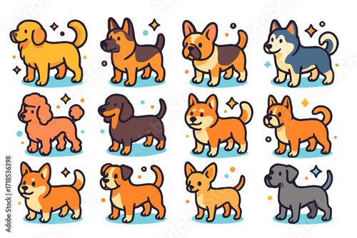 Colorful Dog Icons. Colorful isometric vector icons set of dog breeds: golden retriever, german shepherd, french bulldog, beagle, poodle, dachshund, shiba inu,