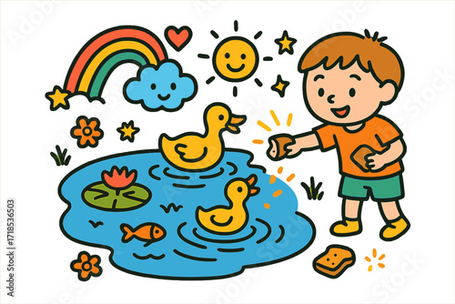 Children Feeding Ducks. Colorful Hand-drawn doodle Children illustration Feeding Ducks at a Pond [duck, pond, bread, child, water ripple, fish, lily pad,