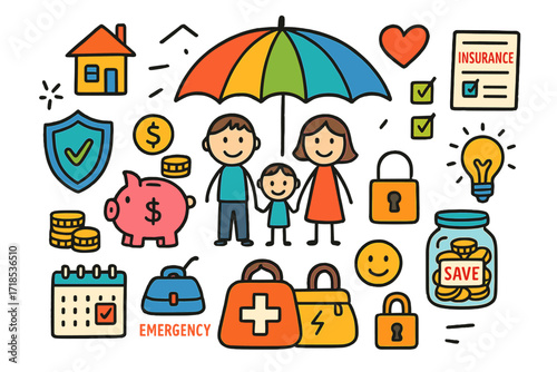 Family Finance Protection. Colorful Hand-drawn doodle Children illustration Protecting Family Finances umbrella, shield, piggy bank, coins, house, insurance
