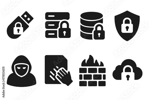 Secrecy Technology Icons. Solid, filled icon set of secrecy technology: encrypted USB, secure server, locked database, cyber shield, hacker mask, data wipe,