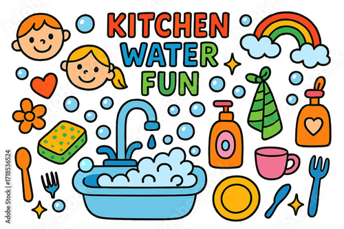 Kitchen Sink Fun. Colorful Hand-drawn doodle Children illustration Kitchen Water Fun sink, faucet, bubbles, soap bottle, sponge, towel, cup, plate, fork,