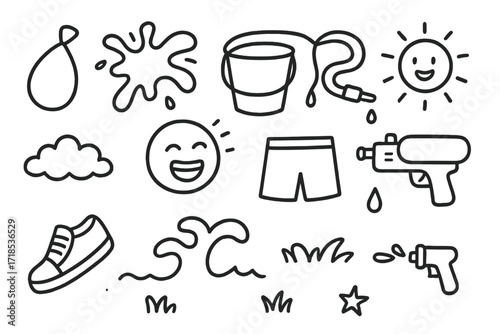Water Balloon Battle. Hand-drawn doodle illustration Water balloon battle balloon, splash, bucket, hose, goggles, laughing face, sneakers, shorts, wave, grass,