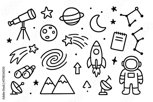 Astronomy Doodle Art. Hand-drawn doodle illustration Astronomy and stargazing telescope, planets, star, moon, comet, constellation, notebook, shooting star,